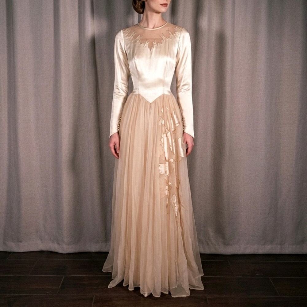 Antique 1920s Ivory Silk Wedding Dress with Slip and Veil
